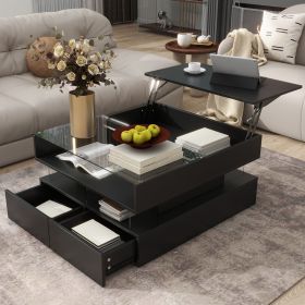 U-Can Lift-Top Coffee Table with 2 Drawers, Modern Square Coffee Table with Glass Top and High-Gloss Finish