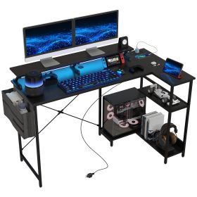HOMCOM 58" Reversible L Shaped Computer Desk, Corner Desk with Monitor Stand, Power Outlets and LED Lights, Black
