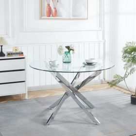 Chrome Dining Table with cross metal leg and glass,Modern Space Saving Kitchen Table for Living Room,120x120x75cm