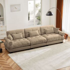 Extra Large 3 Seat Modern Velvet Sofa, Oversize Sofa, Clould Like Comfortable Seat and Back Support, With Waist Pillows and Throw Pillows, Camel