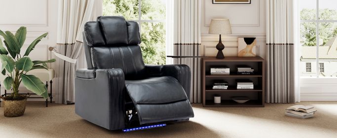 PU Leather Power Recliner Individual Seat Home Theater Recliner with Cooling Cup Holder, Bluetooth Speaker, LED Lights, USB Ports, Tray Table