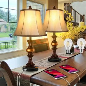 2 Pack Traditional Table Lamps; Touch Control 3-Way Dimmable Lamp Sets w/4 USB Charging Ports;  Fabric Tapered Drum Shade Nightstand Lamp for Liv