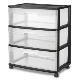 3 Drawer Wide Plastic Storage Cart with Clear Pull Out Drawers, Black