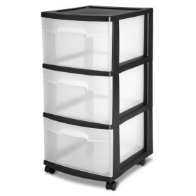 3 Drawer Slim Plastic Storage Cart with Clear Pull Out Drawers, Black