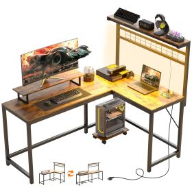 HOMCOM 61.6" L Shaped Gaming Desk with Power Outlets & LED Lights, Computer Desk with Monitor Stand and CPU Shelf, Rustic Brown