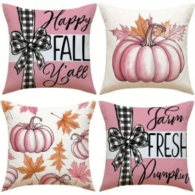 4 Pack Fall Pillow Covers Pink 18x18in Farmhouse Pumpkin Maple Leaf Cushion Case Autumn Sofa Couch Decor for Autumn Thanksgiving Harvest Decorati