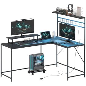 HOMCOM 61.6" L Shaped Gaming Desk with Power Outlets & LED Lights, Computer Desk with Monitor Stand and CPU Shelf, Black