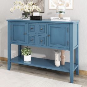 Cambridge Series Ample Storage Vintage Console Table with Four Small Drawers and Bottom Shelf for Living Rooms,Entrances and Kitchens (Color: Light Navy, Material: Solid Wood+MDF)