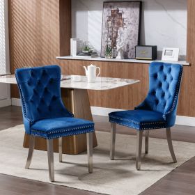 Modern High-end Tufted Solid Wood Contemporary Velvet Upholstered Dining Chair with Chrome Stainless Steel Plating Legs,Nailhead Trim,Set of 2 (Color: Blue, Material: Velvet)