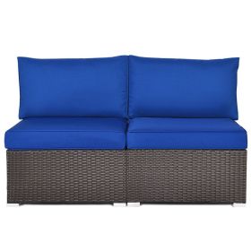 2 Pieces Patio Rattan Armless Sofa Set with 2 Cushions and 2 Pillows (Color: Navy)