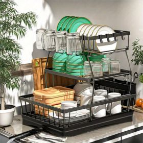 3 Tier Dish Racks for Kitchen Counter - Automatic Drainage Large Dish Drying Rack - Rust Proof Dish Drainers for Kitchen Counter (Color: Black)